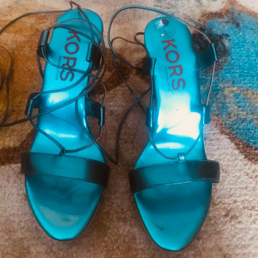 Michael Kors Leather Metallic Lace-up Ankle Wrap Heels - Picture 3 of 5